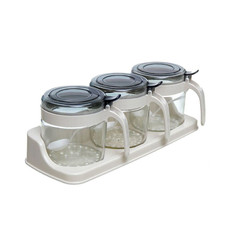 禧天龙 无铅玻璃调料盒套装 调味罐 调味盒 调料罐 3件套 带置物架 H-8040