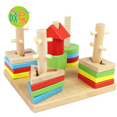 木制多彩五柱积木套装 宝宝几何形状认知儿童配对玩具