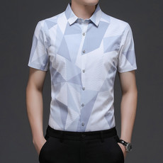 verhouse 夏季新款韩版修身印花短袖衬衫时尚休闲青年男士衬衣
